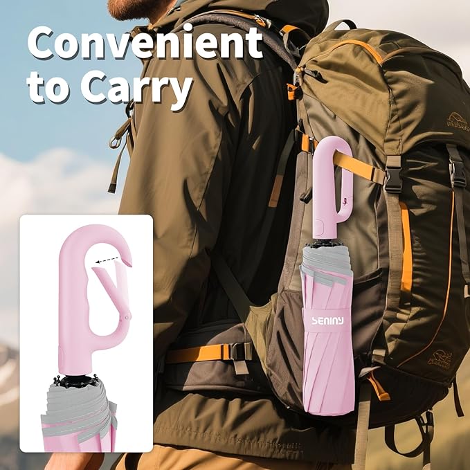 Seniny Travel Umbrella with Carabiner Handle, Windproof Large Umbrellas for Rain with Dual-Rib Structure, Portable Compact Umbrella with Reflective Strip, Car Backpack UV Umbrellas for Sun Protection