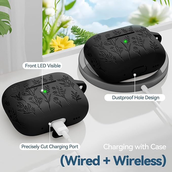 for Airpods Pro 3 Case, Flower Engraved Cases for Apple AirPods Pro 3rd Generation 2025, Soft Silicone Cover for Men Women Girly with Cleaning Kit & Keychain, Anti-Scratch, Shockproof