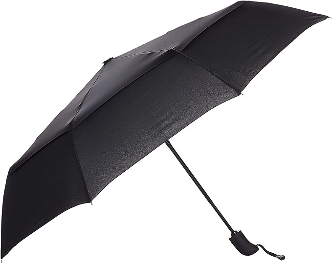 Amazon Basics Round Travel Umbrella with Auto Open/Close Button, Wind-Proof Compact Design, Wind Vent, Strong Alloy Steel Frame, Soft-Grip Handle, Storage Sleeve, 11" When Closed, Black