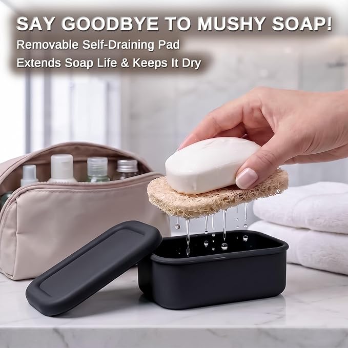 HighHerz Leak Proof Silicone Travel Soap Case with Draining Tray - Bar Soap Holder for Travel, Gym & Camping - Mess-Free Portable Soap Container for Carry-on Bags (Black)