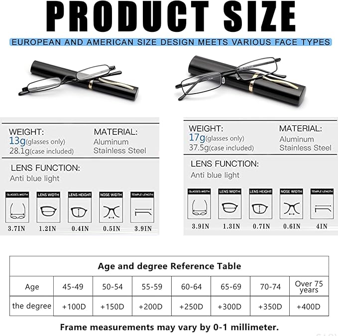 Viseng Slim Mini Metal Reading Glasses Compact Lightweight Portable Readers with Glasses Case for Reading Case,Black+Black+3.5