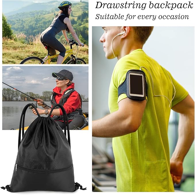 Drawstring Backpack Bag, Waterproof Draw String Back Sack with Zip Pocket, Gym Drawstring Bags Swim Bag for Men Women