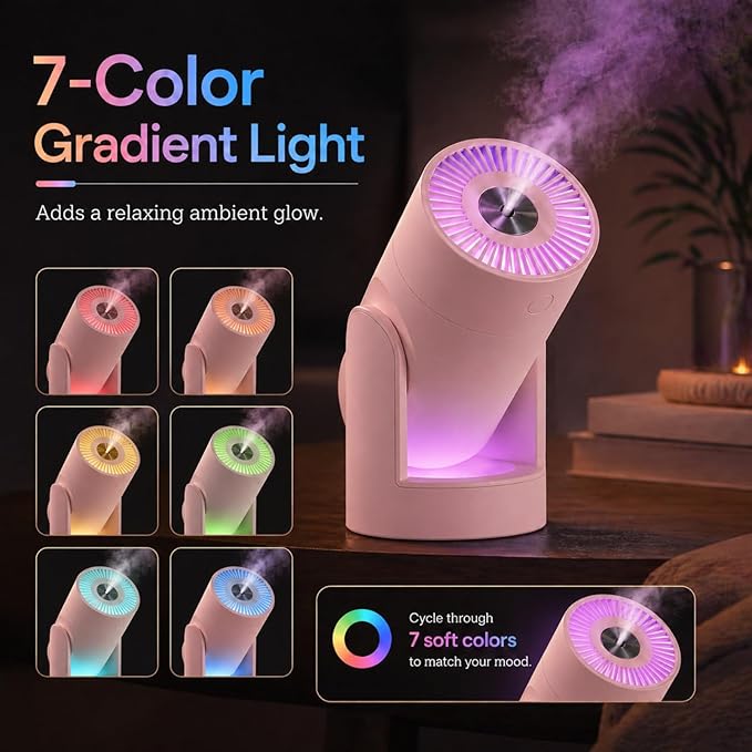 Portable Mini Humidifier, 2 Mist Modes, 220ml Cool Mist Rotation Humidifiers, USB Personal Desktop Humidifier for Bedroom, Office, Travel, Car, Colorful, Quiet Operation, Pink