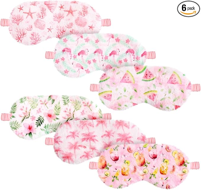 Cuffbow 6 Pack Plush Sleep Mask Set, Cute Plush Eye Masks for Sleeping, Soft Comfortable Travel Nap Blindfold, Sleepover Party Favors for Women (Summer,Pink)