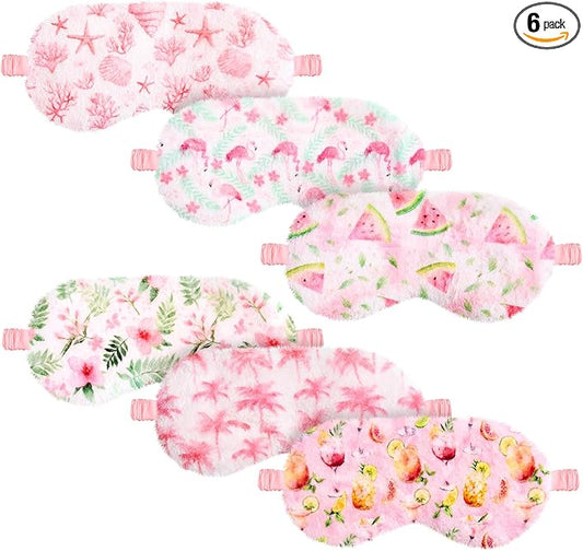 Cuffbow 6 Pack Plush Sleep Mask Set, Cute Plush Eye Masks for Sleeping, Soft Comfortable Travel Nap Blindfold, Sleepover Party Favors for Women (Summer,Pink)