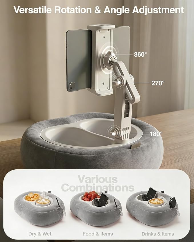 Tablet Pillow Stand, Compatible with 5"-12.9" Kindle, iPad, Phone/Tablet, Google, Samsung, 360° Rotating Phone Holder for Bed, Soft Plush Fabric, Detachable Bowl, Reading and Relaxation on Bed, Gray