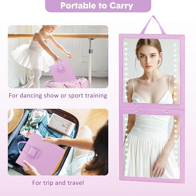 Fabuday Lighted Hanging Mirror for Dance Backstage - Rechargeable Folding LED Full Length Mirror with Lights for Dancers, Portable Foldable Travel Body Mirrors, Brightness Adjustable, Purple