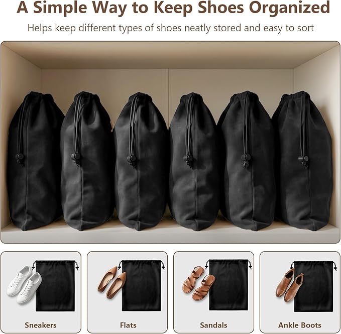 MERKFO Shoe Bags for Travel, 6 Pack Flannel Travel Shoe Bags for Luggage, Large Drawstring Shoe Dust Bags for Packing Shoes, Closet Storage, Fits Up to Men's Size 13, Black