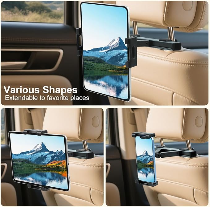 Tablet Holder for Car, Triangle Extension Arm Adjustable Car Back Seat Tablet Holder Road Trip Essentials Headrest Tablets Cars Mount Compatible with iPad Pro, Air, Mini, 4.7-11" Devices