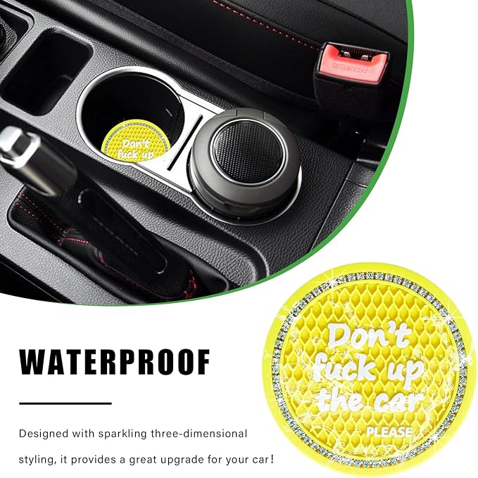 Ziciner 2 Pack Bling Car Cup Holder Coaster, 2.75 Inch Anti-Slip Auto Insert Coaster, Crystal Car Drink Mat Perfect for Women Girls, Universal Interior Decor Accessories (Yellow)