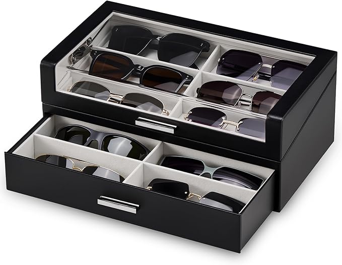 ProCase 12 Slots Sunglasses Box Organizer with L-Shaped Clear Lid, Multiple Pairs Glasses Display Holder Eyewear Eyeglass Eye Glass Storage with Drawer for Men -Black