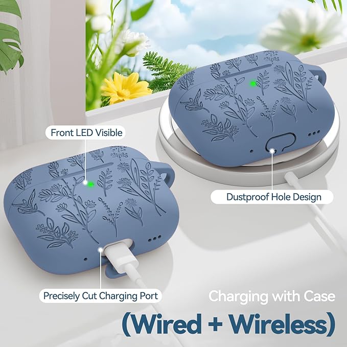 for Apple AirPods Pro 2nd/1st Generation, Soft Silicone Flower Engraved AirPods Pro 2 Gen Protective Case Cover for Women Airpod Case with Clean Kit,Carabiner,Front LED Visible,Sand Powder