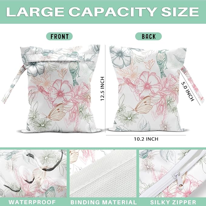 Flower Wet Dry Bags for Diaper Waterproof Swimsuit Washable Reusable Bag for Beach Diapers Dirty Yoga Gym Clothes Plant Gifts for Men Friend Women 12.5x10.2 Inches