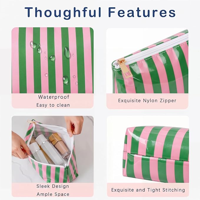 Large PVC Waterproof Striped Makeup Bag,Clear Coated Cosmetic Bags,Easy to Clean,Travel Organizer Zipper Pouch Beach Vacation Essentials for Women Girls(09Pink Green)