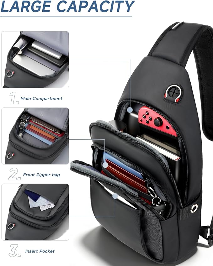 Sling Bag for Men, Anti Theft Crossbody Bag with Lockable Zipper, Water Resistant Chest Bag Fits 11” iPad & Switch 2, Lightweight Sling Backpack for Travel, Work & Commuting