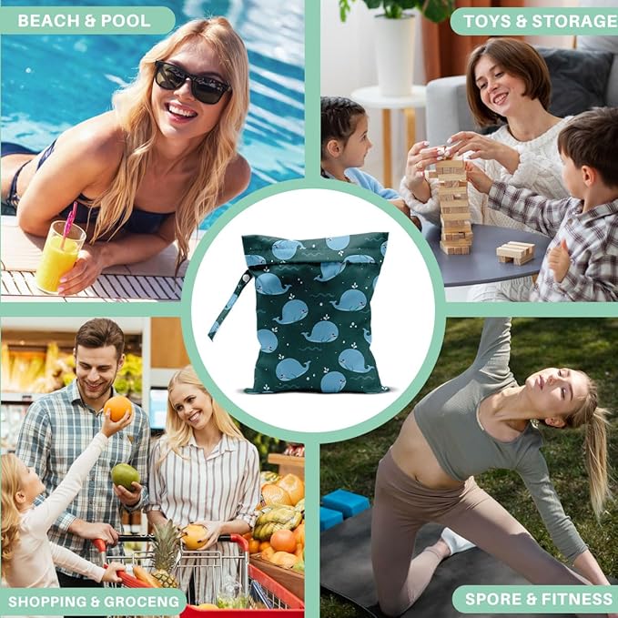 2-Pack Reusable Wet Bags, Fish & Marine Animal Pattern Wet Dry Pouch for Outdoor Daily Carrying