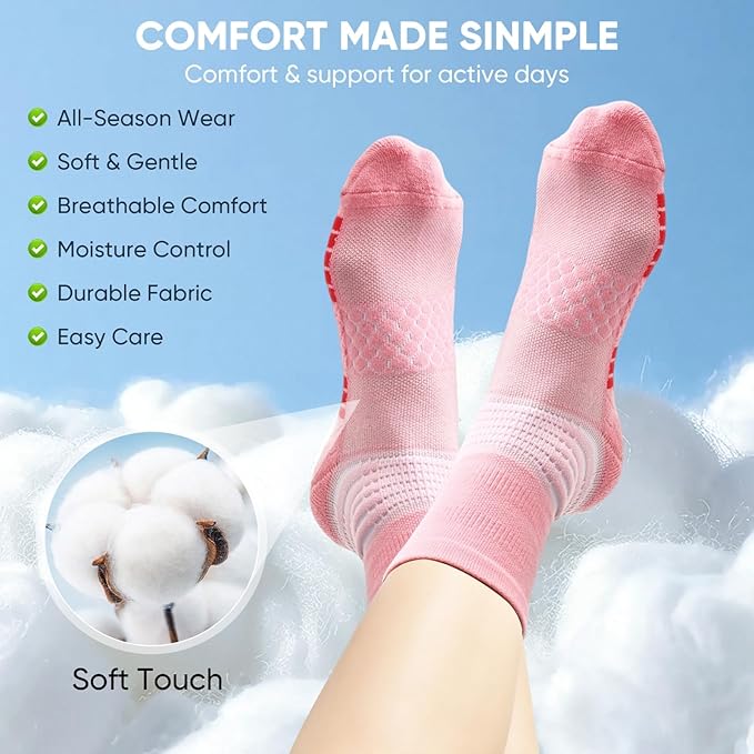 Women’s Cotton Crew Compression Socks 5 Pairs Breathable Skin-Friendly with Targeted Ankle Support & Dry-Fit