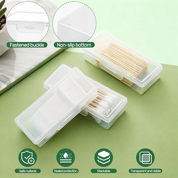 4 Pcs Cotton Swab Holder, Travel Portable Floss Pick Dispenser, Hair Tie Organizer, 4.1 x 1.8 x 1", Small Plastic Box with Lid