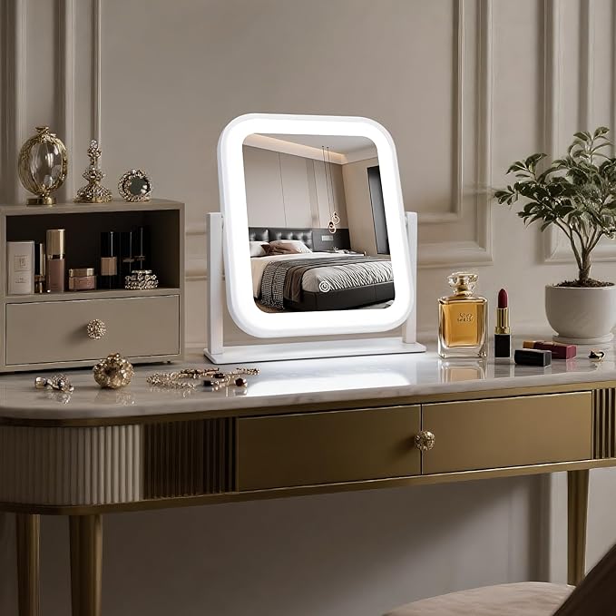 Rechargeable Vanity Mirror with Lights, 1500mAH, 10"×9" Makeup Mirror with Lights, Smart Touch with 3-Color Lighting, 360° Rotation, Portable LED Desk Mirror, Bedroom (White)