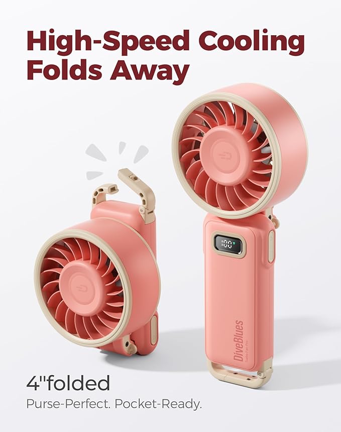 Diveblues Portable Turbo Fan, Small High Speed Handheld Fan, 180° Foldable 4-in-1 Personal Neck Fan with Carabiner Clip, 100 Speed Stepless Control, USB-C Rechargeable for Travel, Makeup Hot Flashes