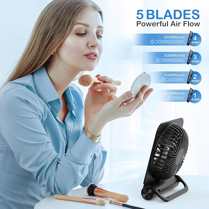 EasyAcc Small Travel Desk Fan, 4000 mAh Slim Portable Fan for Slumber Pod Camping, 180°Tilt Folding, Fully Foldable, Rechargeable, Office Desktop Desk Camping Travel Accessories