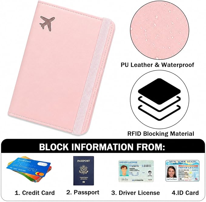 ZOPPEN RFID Blocking Passport Holder for Travel – PU Leather Waterproof Lightweight Passport Cover Wallet for Women Men, Travel Organizer with Card Slots for Airline Tickets & Passport Book, Pink