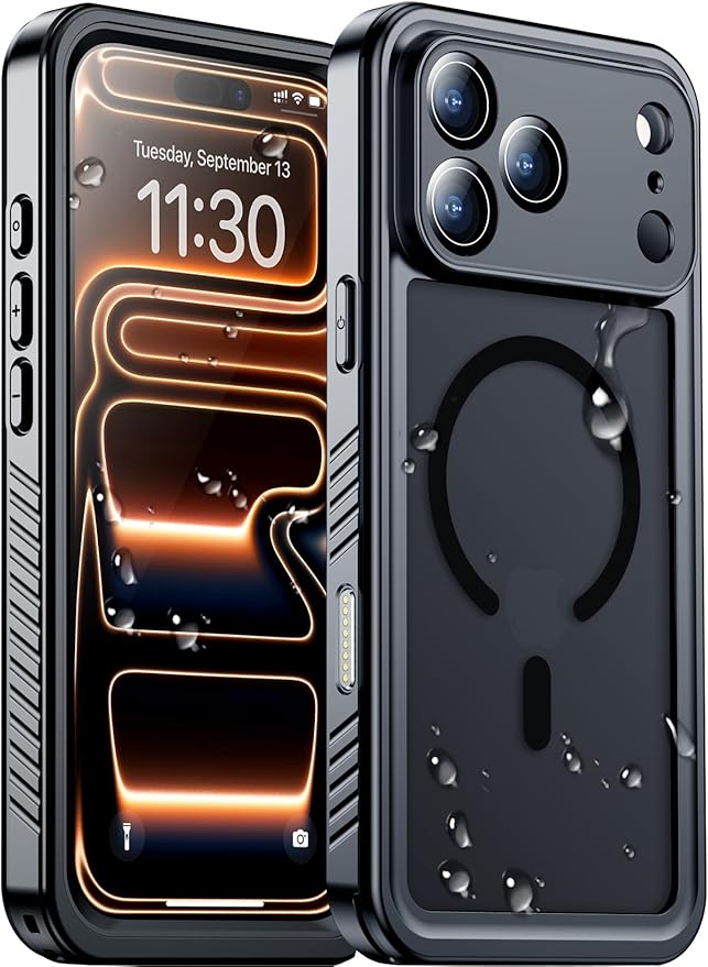 Magnetic Compatible with iPhone 17 Pro Max Case,Waterproof Built-in Screen & Camera Protector IP68 Underwater Full Body Military Dropproof Translucent Matte Phone Case 6.9"-Mag/Black