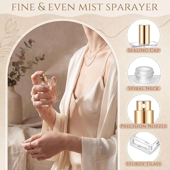 Domensi 15 Pcs 10/15/30/50 ml Glass Perfume Bottles Mini Glass Empty Spray Atomizer Bottles Bulk Refillable Perfume Dispenser Container with Pump Tool for Travel Skin Care (50 ml,Gold)