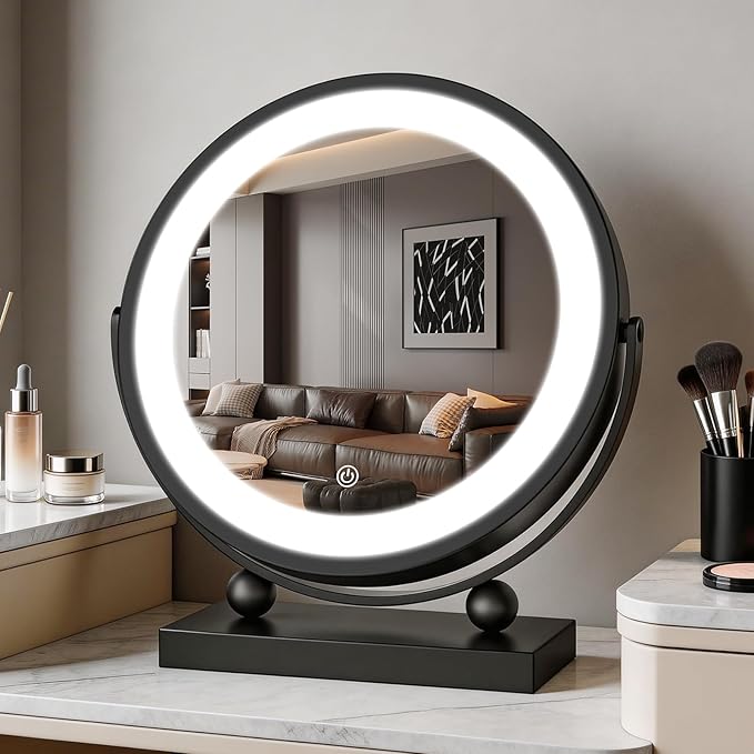 Travel Makeup Mirror, 9" Small Vanity Mirror with Lights, 1500mAH Battery, 3-Color Lighting, Dimmable, 360° Rotation, Round Portable Desk Mirror, Travel Essentials (Black)