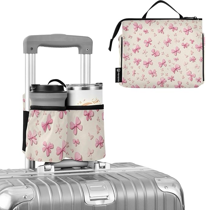 Luggage Cup Holder for Suitcases Free Hands Suitcase Cup Holder Travel Luggage Drink Holder Portable Luggage Cup Caddy Bag Carrier with Handle Pink Bow Cute
