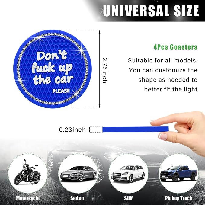 Ziciner 4 Pack Bling Car Cup Holder Coaster, 2.75 Inch Anti-Slip Auto Insert Cup Coaster, Crystal Car Drink Cup Mat Perfect for Women Girls, Universal Interior Decor Accessories (Blue)