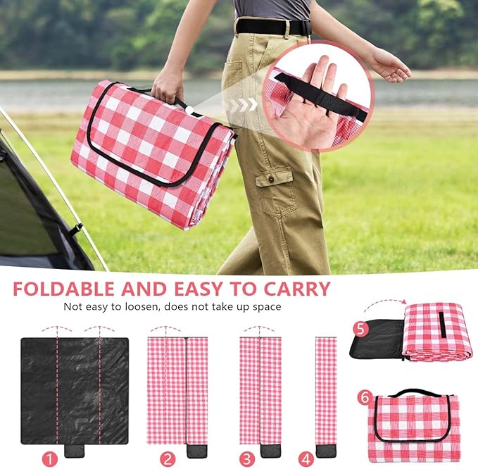 OBTANIM Extra Large Picnic Blanket 80 x 80 Inch Waterproof Foldable Beach Blankets Outdoor Picnic Mat for Camping Grass Lawn Park Music Festival Party Accessories (Red and White)