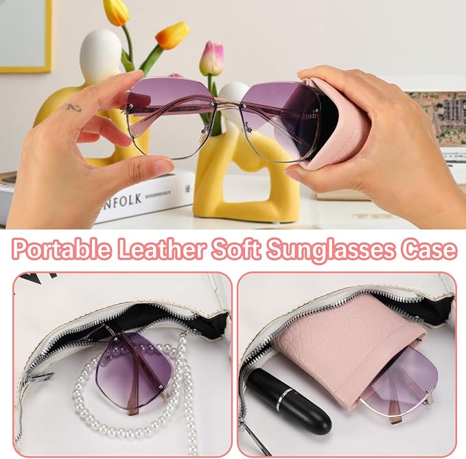 Squeeze Top Sunglass Pouch - Portable Sunglass Organizer Pouch Bags Soft PU Leather Glasses 2 Pack