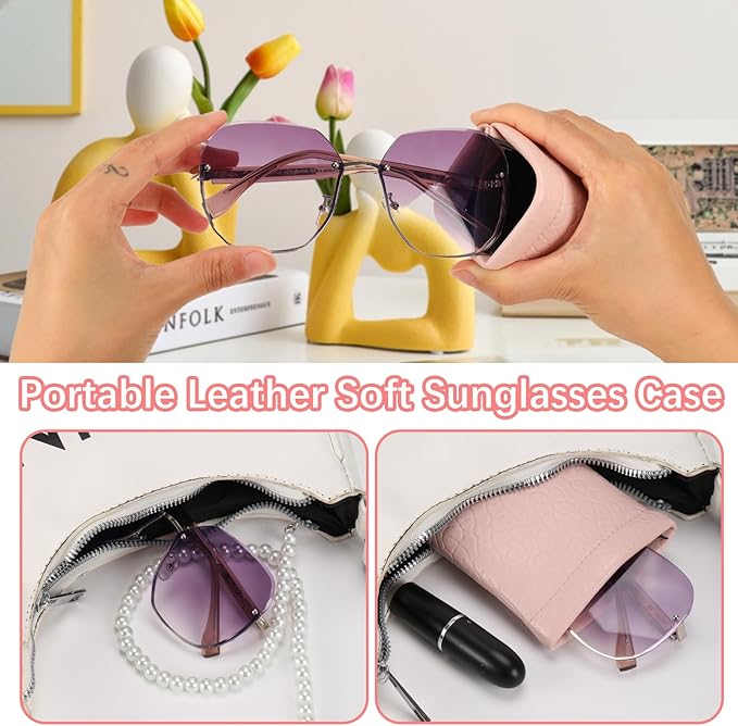 Squeeze Top Sunglass Pouch - Portable Sunglass Organizer Pouch Bags Soft PU Leather Glasses 2 Pack