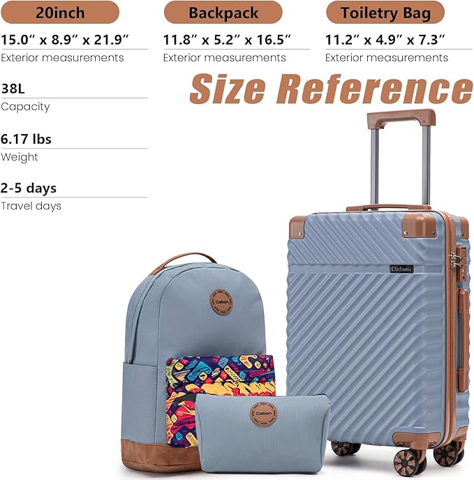 Cosbarn Carry On Luggage 22x14x9 Airline Approved, Hardside 20 Inch Carry on Suitcases with Wheels, Hard Shell ABS Lightweight Carry on Luggage Set, Travel Suitcase Set with TSA Lock, SkyBlue