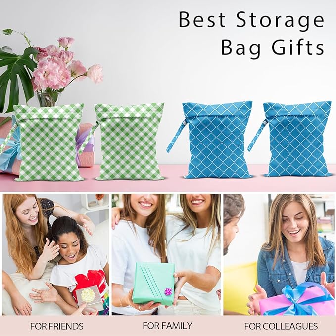 Wet Bag, 4Pcs Wet Dry Bag Set, Reusable Waterproof Bags with Blue Diamond Lattice & Green Gingham Prints for Women, Great for Beach Getaways & Pool Days