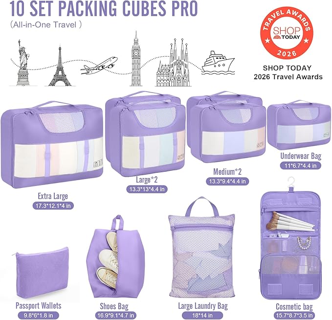 Veken 10 Set Packing Cubes for Travel Essentials,Anti-Wrinkle Buckled Suitcase Organizer for Shoe & Toiletry Bag,Carry On Luggage Bag for Airplane & College Dorm Room Accessories,Women Men Gifts