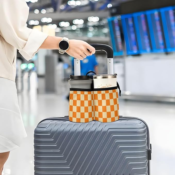 Luggage Cup Caddy Bag Carrier with Handle - Free Hands Travel Drink Holder in Checkered Orange