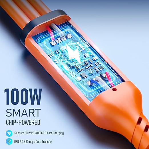 Travel Essentials 3 in 2 Multi Charging Cable 100W USB A/C to Dual USB C/for Apple Watch Charging Cable Silicone Fast Charge Compatible with iPhone 17-15 Series iPad MacBook, Type-C Devices 5FT-Orange