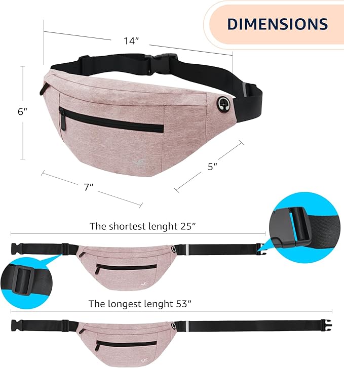 HiRui Large Crossbody Fanny Pack for Men Women Waist Bag Pack with 4-Zipper Pockets Phone Bag Fits All Phones Wallet Keys, Casual Hands-Free Waist Pack for Travel Workout Running (Pink)