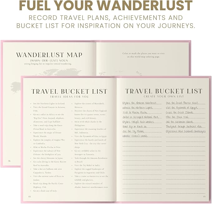 Inspired Ink Travel Journal for Women and Men Travel Bucket List Journal 210 Pages Traveler Adventure Notebook – Itinerary Planner Organizer & Traveling Memory Diary Memorial Gift for Travelers - Pink