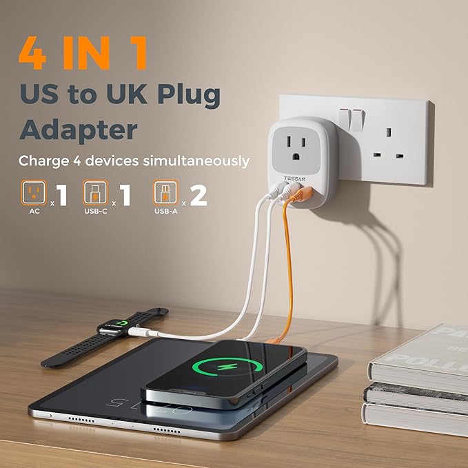 UK Adapters for Travel 3 Pack, TESSAN US to UK Plug Adapter with 3 USB Ports (1 USB C), Type G Power Adaptor for USA to Ireland Scotland Dubai Hong Kong England British Kenya London