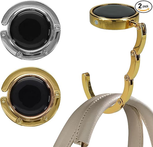 kwmobile Purse Hook for Table - Set of 2 Purse Holder - Folding Handbag Hanger - Portable Bag Holder - Bag Hooks for Desk - Table Hook Silver/Gold