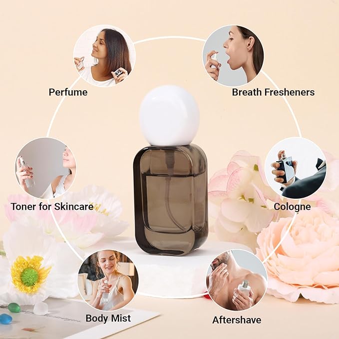 Segbeauty 1oz Fine Mist Glass Travel Perfume Spray Pump Bottles, 2pcs Square Black Refillable Perfume Atomizer with Round Cap, 30ml Empty Cologne Bottle Set, Portable Liquids Container for Travel