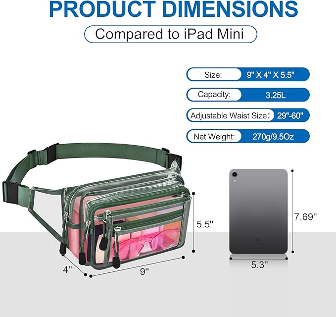 Clear Bag Stadium Approved Clear Fanny Pack for Women for Work,Multi-purpose Waist Bag for Travel & Sporting Event