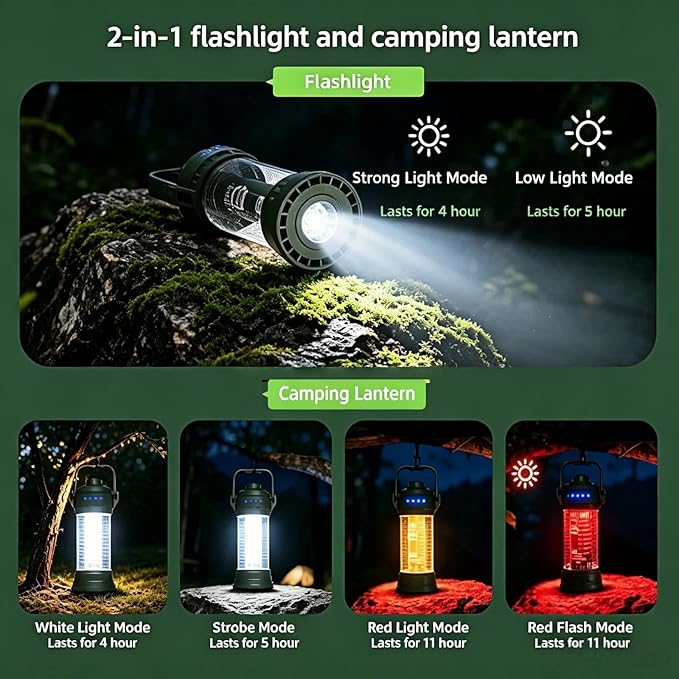 USB Rechargeable Camping Lights, 6 Lighting Modes Small Camping Lantern with Camping Flashlights, 2-in-1 Portable Tent Light with Lanyard, Suitable for Camping, Outdoor Hiking, Emergency Scenarios.