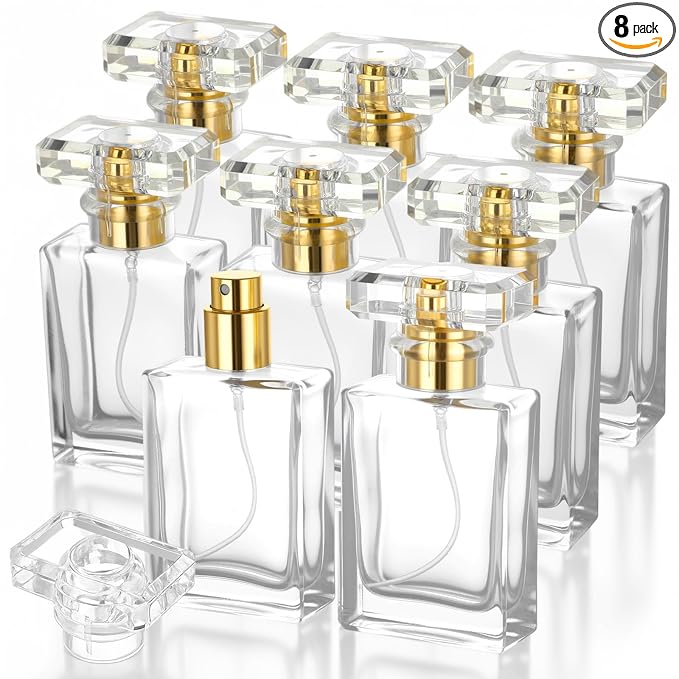 8 Pack 1 oz/30 ml Perfume Bottles Empty Refillable, Glass Perfume Spray Bottles with Gold Mist Atomizer - Premium Square Empty Travel Containers for Essential Oils, Cologne & DIY Fragrances