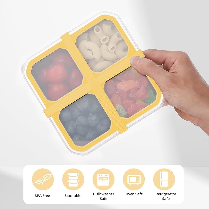 BEFOY 4 Pack Stainless Steel Snack Containers with Lids 4 Compartment Food Storage Containers for Adults & Kids Meal Prep Containers Reusablele (Yellow, 2)