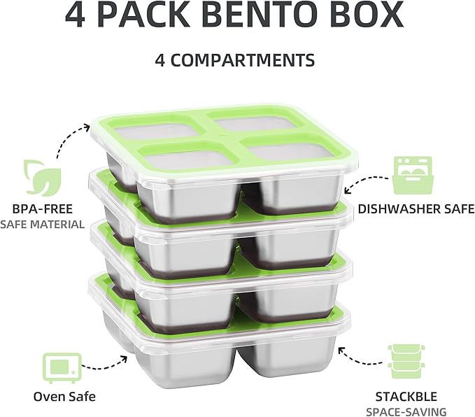 BEFOY 4 Pack Stainless Steel Snack Containers with Lids 4 Compartment Food Storage Containers for Adults & Kids Meal Prep Containers Reusablele (Green, 2)
