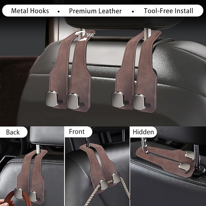 4Pcs Car Headrest Hooks with Premium Leather, Upgraded Double Metal Hooks with Anti-Drop Design, Universal Back Seat Hanger for Bags, Coats, Purses and Groceries (Stylish Brown)
